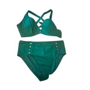 Green Textured X Tie Back High Waist Bikini Women's Large 12-14 New